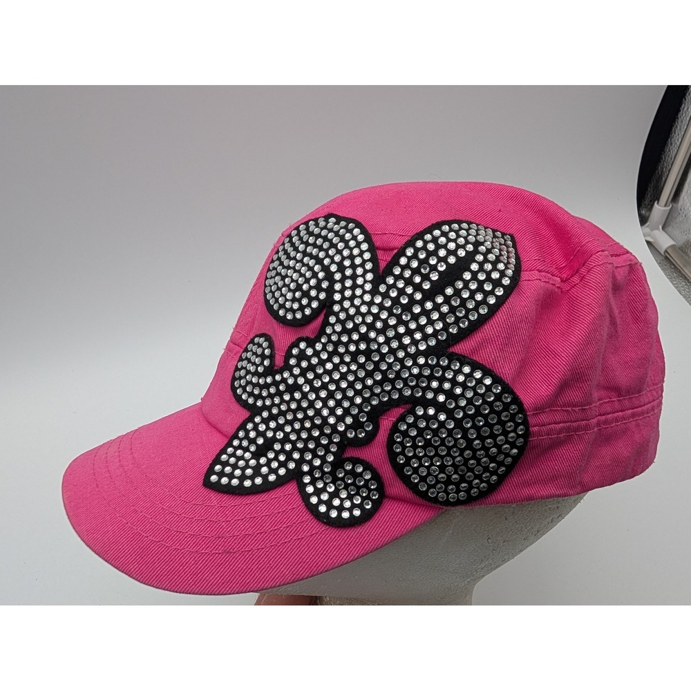 Hot Pink Cadet Cap Rhinestone Fleur De Lis Patch Adjustable Military Style Hat